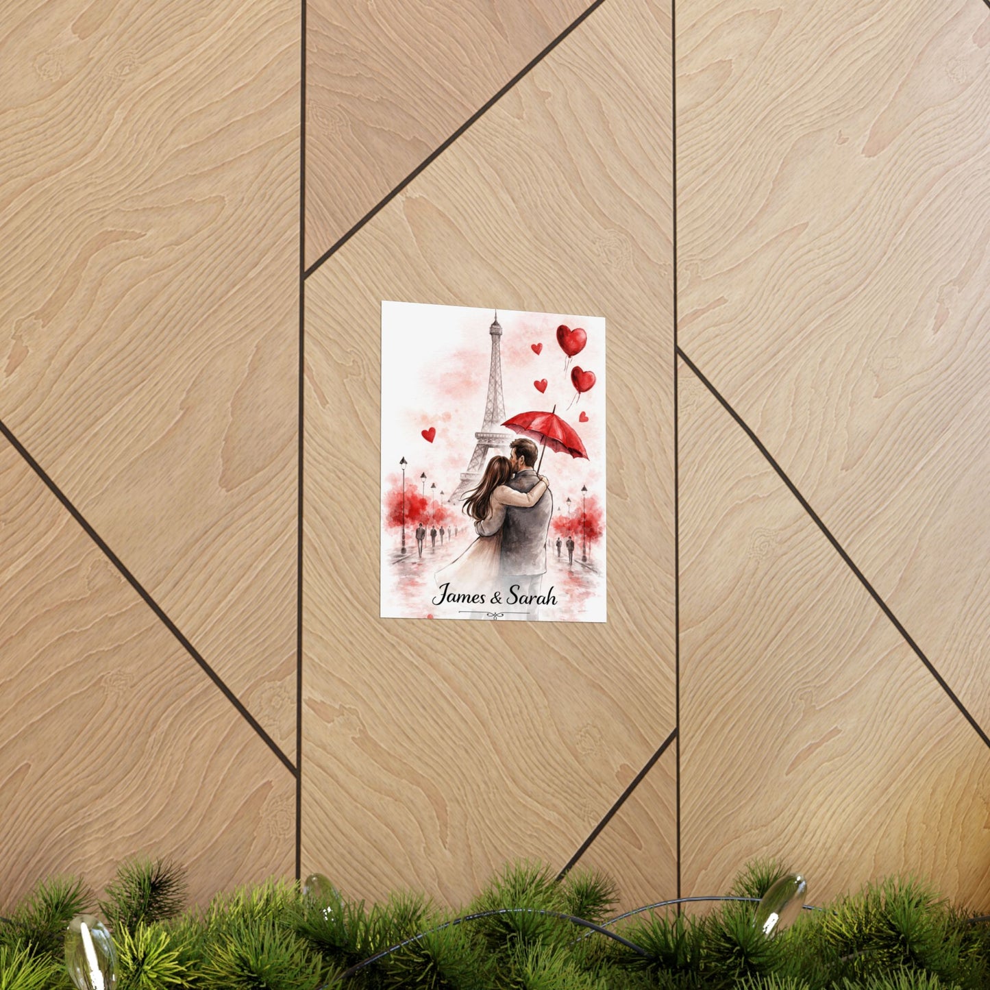 Romantic Paris Couple Poster — Personalized Matte Vertical Print (James & Sarah)