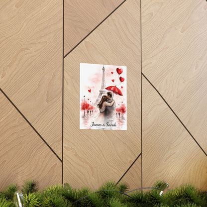 Romantic Paris Couple Poster — Personalized Matte Vertical Print (James & Sarah)
