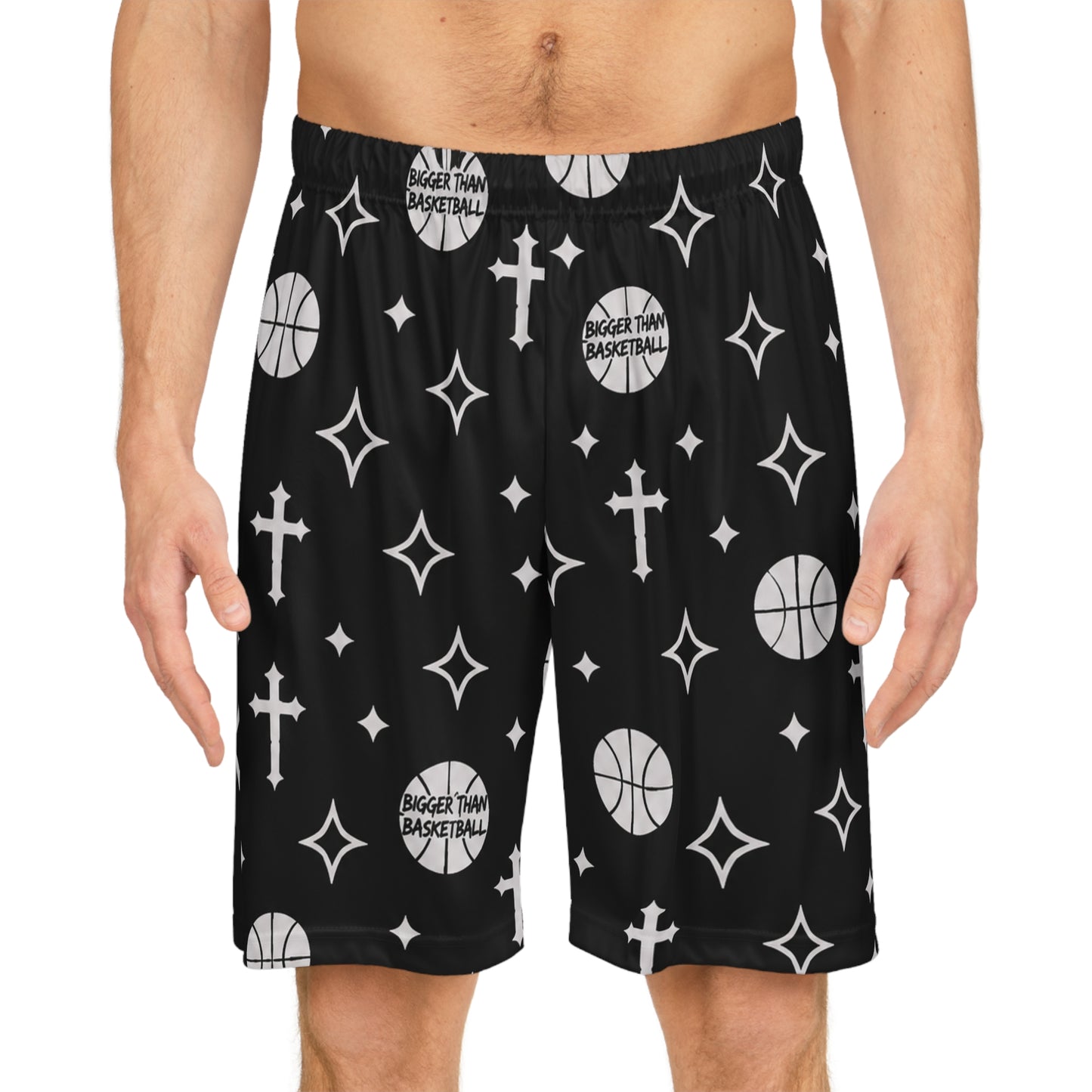 Black Basketball Shorts with Cross & Star Pattern — All-Over Print