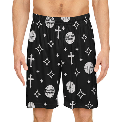 Black Basketball Shorts with Cross & Star Pattern — All-Over Print