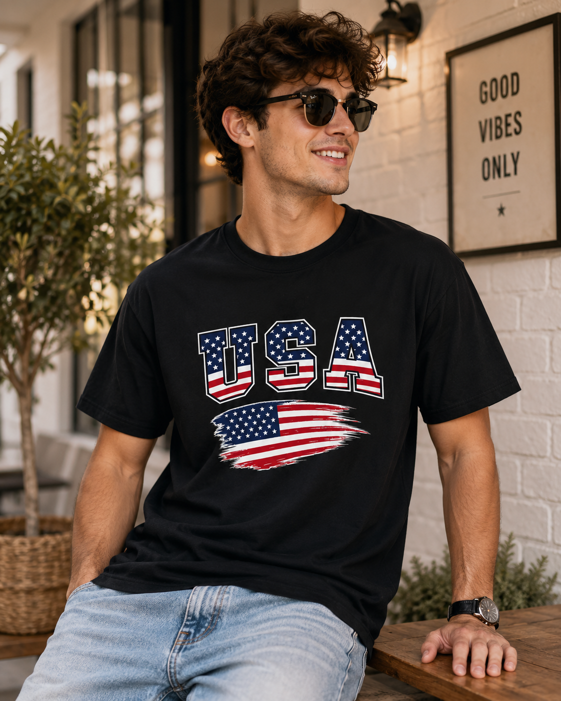 USA Flag Graphic T-Shirt — "Feral But Free" Patriotic Raccoon Tee