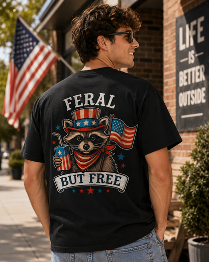 USA Flag Graphic T-Shirt — "Feral But Free" Patriotic Raccoon Tee