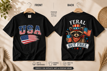USA Flag Graphic T-Shirt — "Feral But Free" Patriotic Raccoon Tee
