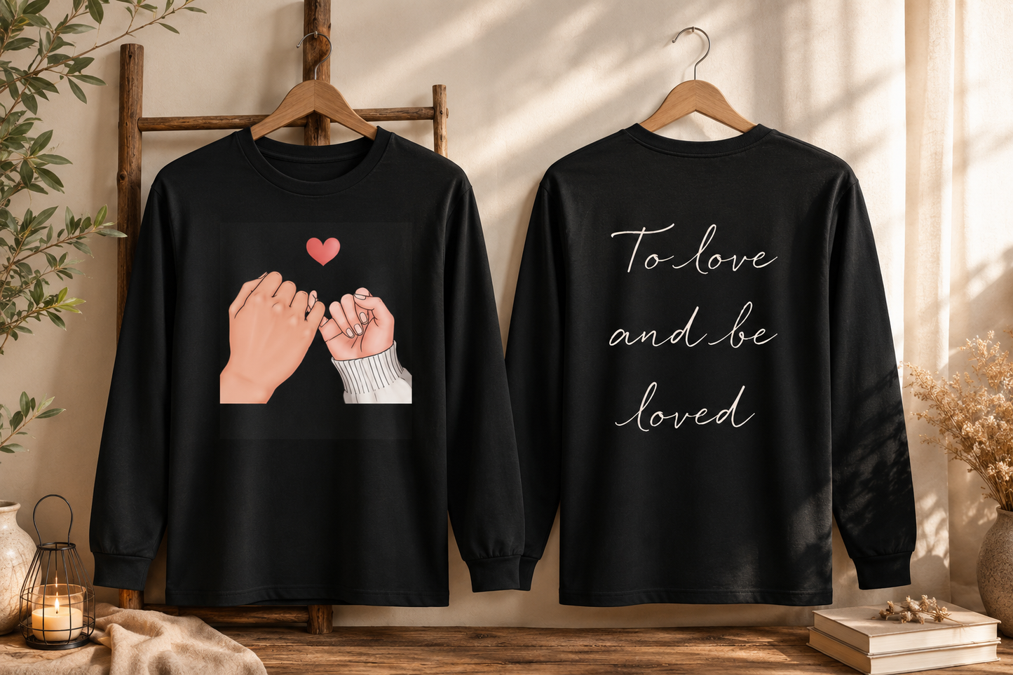 Long Sleeve Tee — Pinky Promise Hands with “To Love and Be Loved” Love Graphic