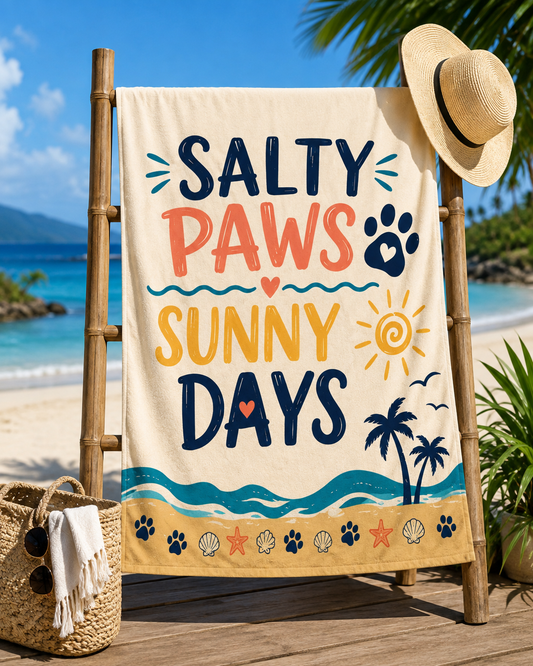 Beach Towel - "Salty Paws Sunny Days" Tropical Dog Lover Beach Towel