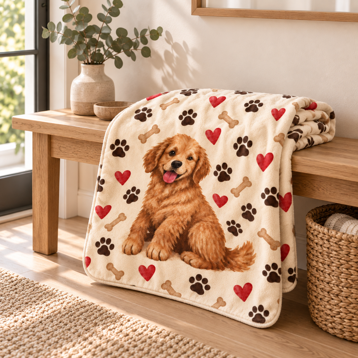 Golden Retriever Sherpa Blanket — Cute Puppy Paw, Bone & Heart Fleece Throw