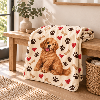 Golden Retriever Sherpa Blanket — Cute Puppy Paw, Bone & Heart Fleece Throw
