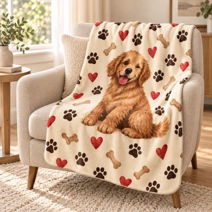 Golden Retriever Sherpa Blanket — Cute Puppy Paw, Bone & Heart Fleece Throw