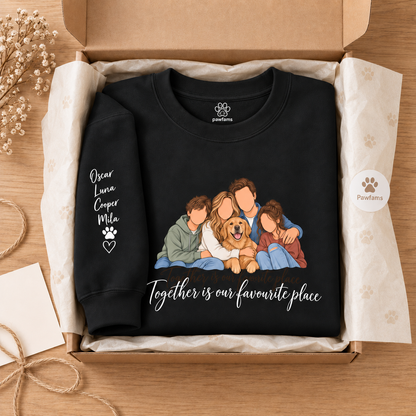 Crewneck Sweatshirt — "Together Is Our Favorite Place" Family & Dog Graphic