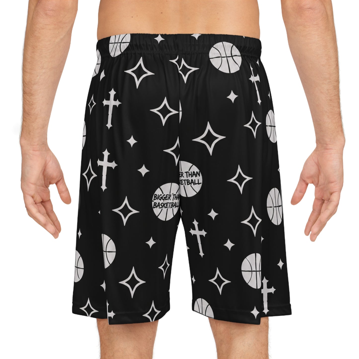 Black Basketball Shorts with Cross & Star Pattern — All-Over Print