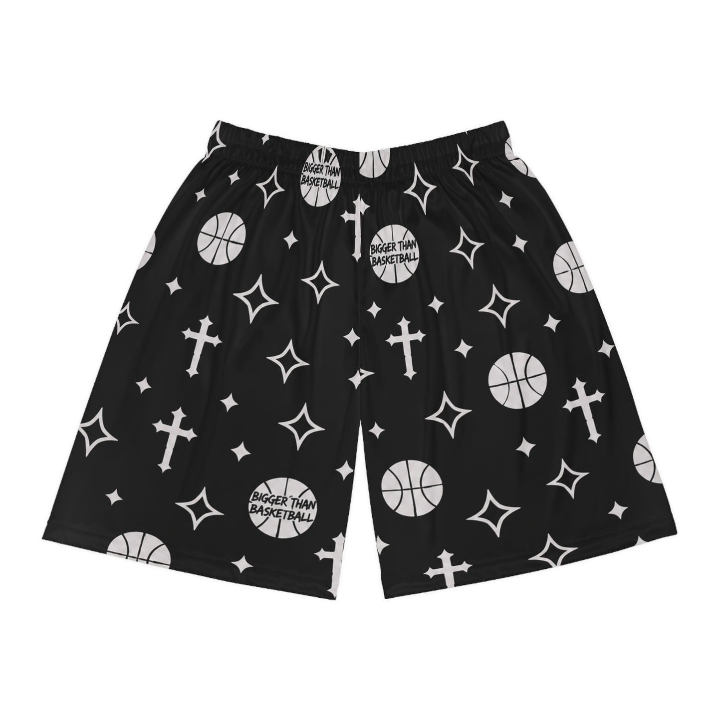 Black Basketball Shorts with Cross & Star Pattern — All-Over Print