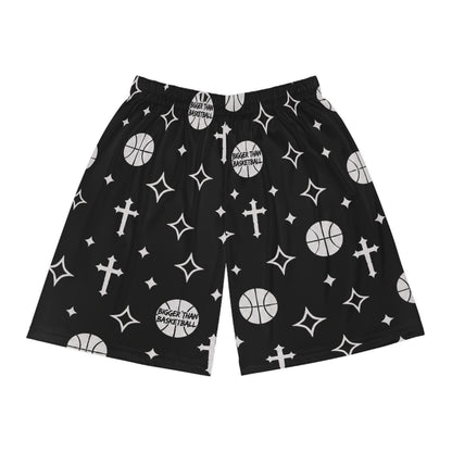 Black Basketball Shorts with Cross & Star Pattern — All-Over Print