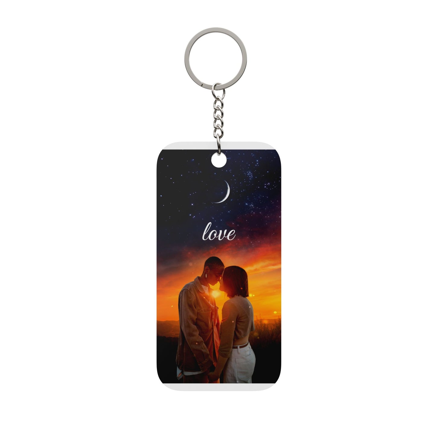 Romantic Double-Sided Keychain – "Love" Sunset Photo & "Love Is in the Air" Message
