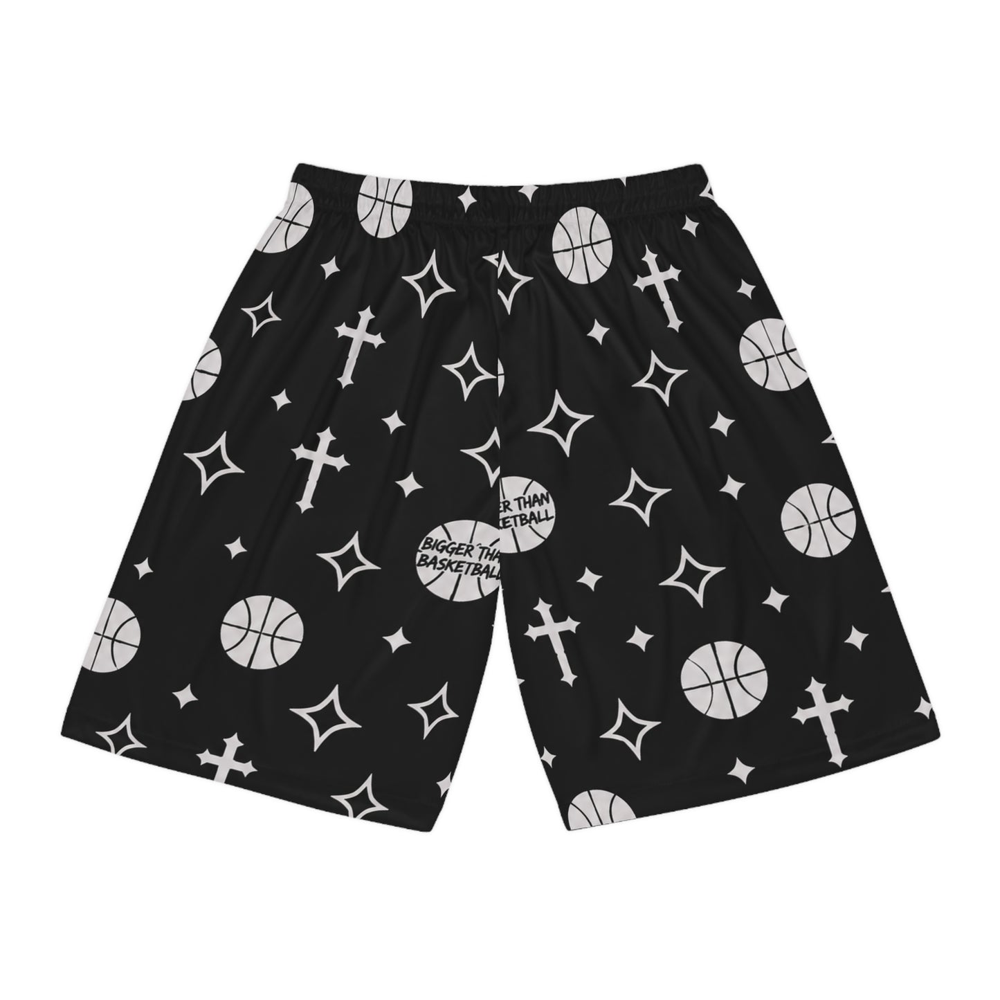 Black Basketball Shorts with Cross & Star Pattern — All-Over Print