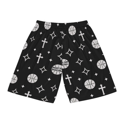 Black Basketball Shorts with Cross & Star Pattern — All-Over Print