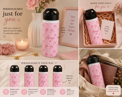Pink Bow Pattern Stainless Steel Water Bottle — Cute Ribbon Design, Portable Hydration for Girls & Gifts