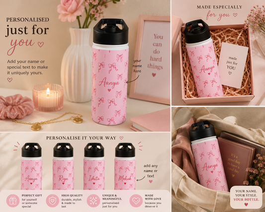 Pink Bow Pattern Stainless Steel Water Bottle — Cute Ribbon Design, Portable Hydration for Girls & Gifts