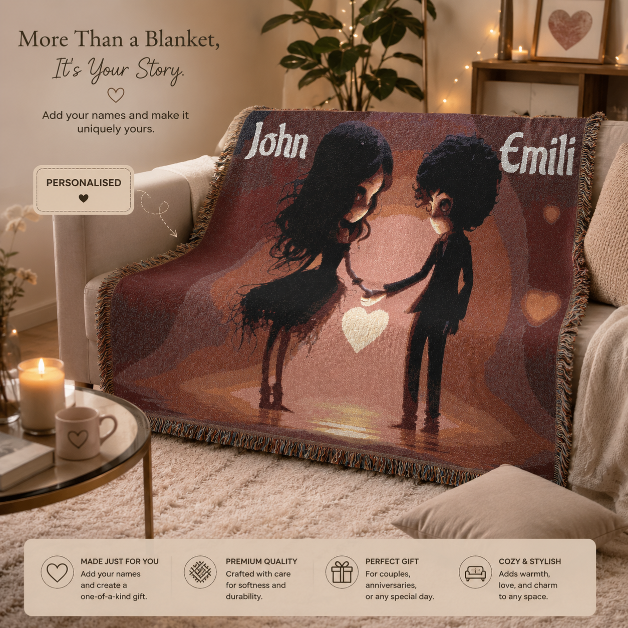 Personalized Couples Woven Blanket — Romantic Heart Silhouette Throw (Custom Names)