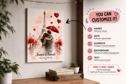 Romantic Paris Couple Poster — Personalized Matte Vertical Print (James & Sarah)