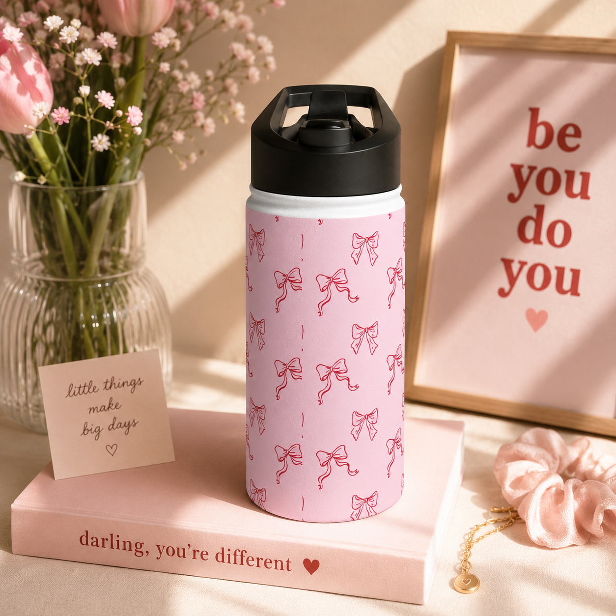 Pink Bow Pattern Stainless Steel Water Bottle — Cute Ribbon Design, Portable Hydration for Girls & Gifts