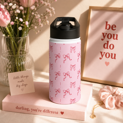 Pink Bow Pattern Stainless Steel Water Bottle — Cute Ribbon Design, Portable Hydration for Girls & Gifts