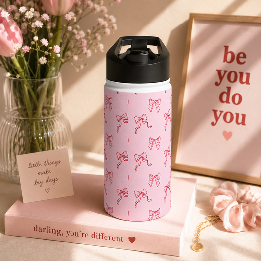 Pink Bow Pattern Stainless Steel Water Bottle — Cute Ribbon Design, Portable Hydration for Girls & Gifts